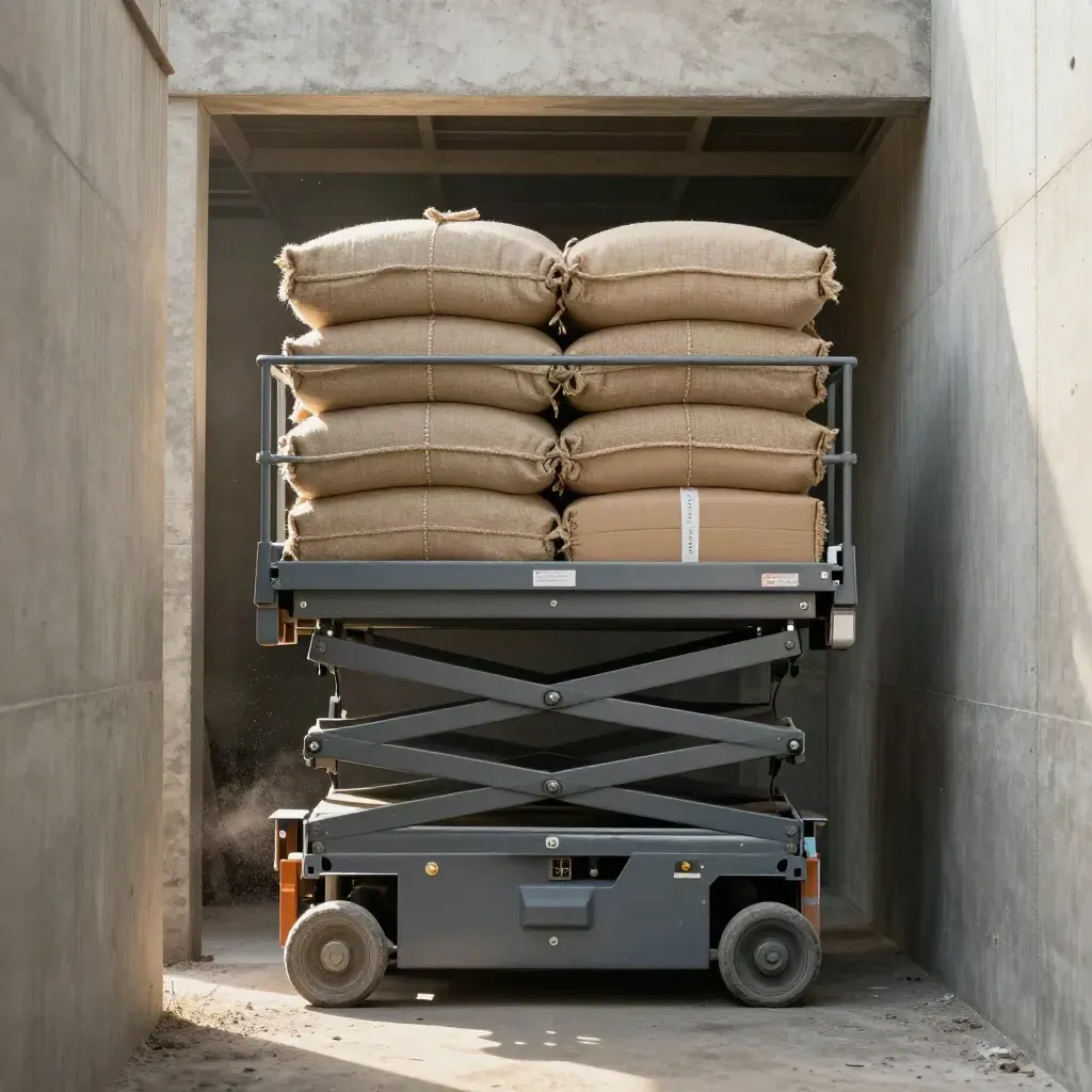 Montacargas de material con sacos y cajas elevadas en un pasillo de obra