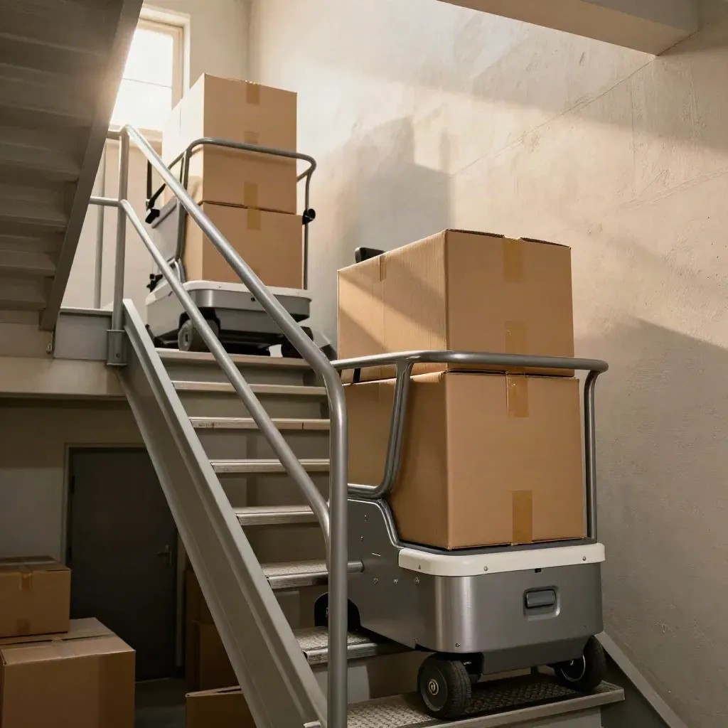 Dos salvaescaleras suben cajas por una escalera de almacén iluminada por luz cálida.