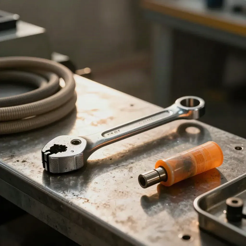 Llave dinamométrica y elementos de inspección en un banco metálico con sello naranja.
