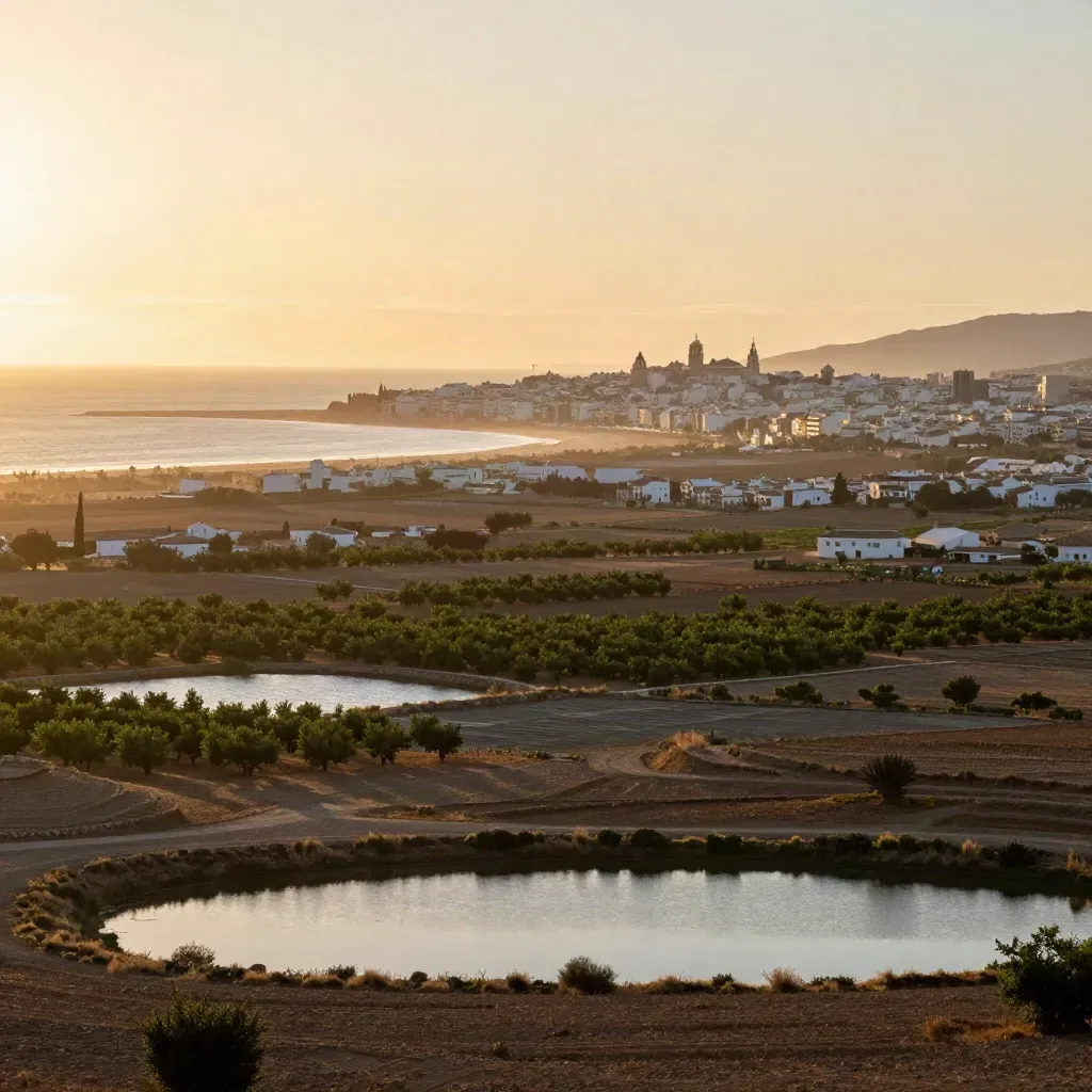 Vista dorada de Valencia y la costa, con huertos y agua quieta en primer plano.